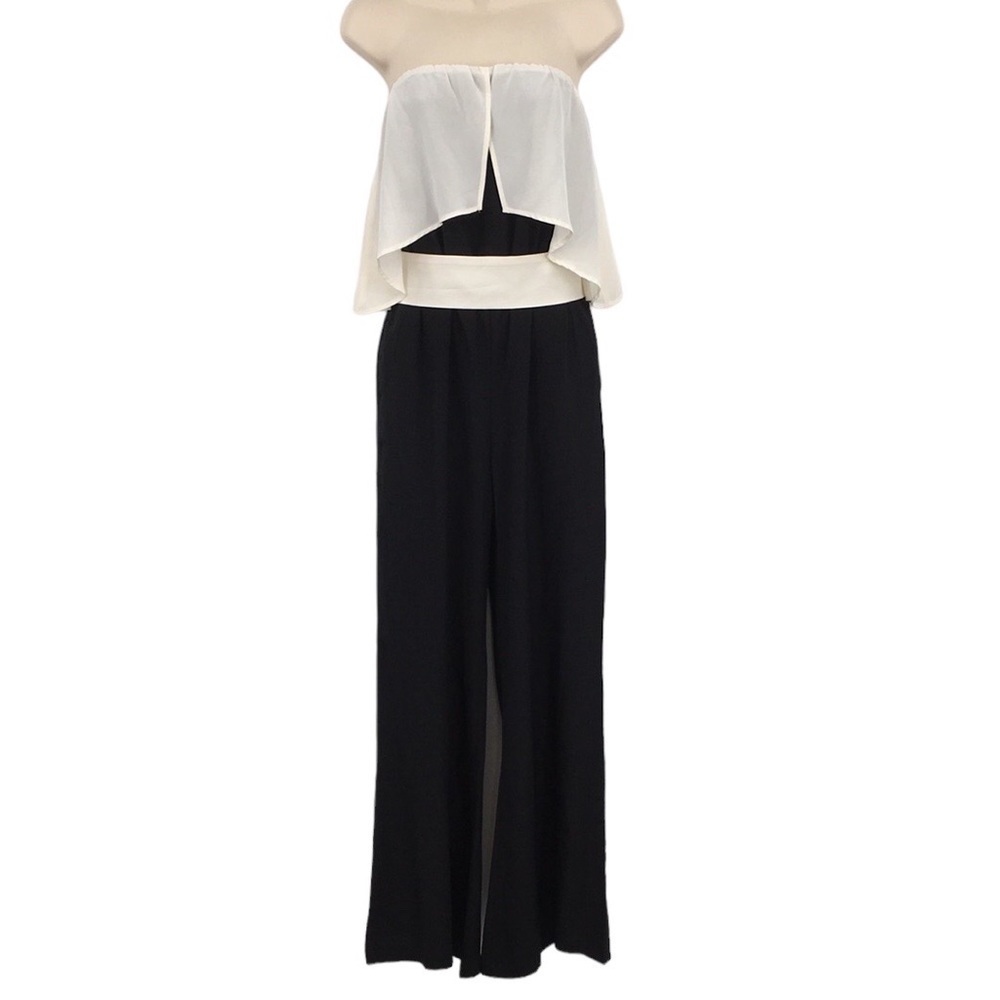 Amour Vert Jumpsuit Womens XS Black White Silk Strapless‎ Playsuit Wide Leg